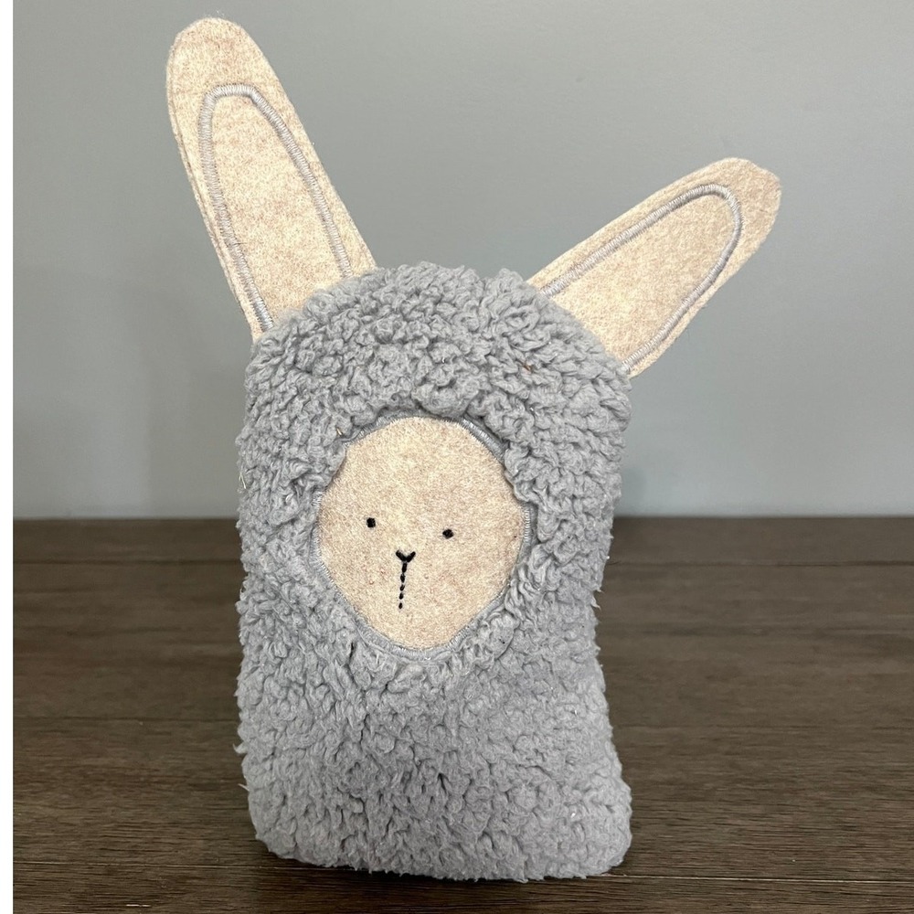 Little House Grey Sherpa Bunny Plush Stuffed Animal Tan Felt Ears Minimalist Toy